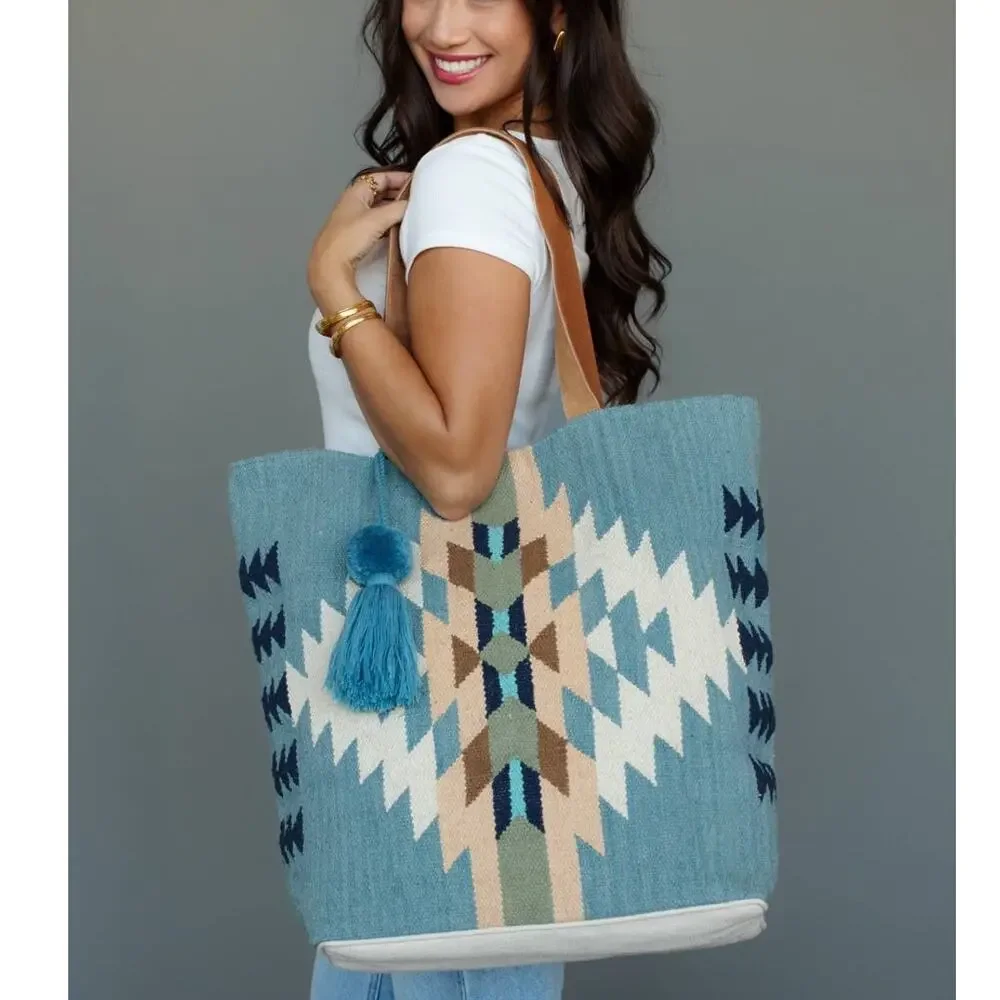 Light Blue, Cream & Tan Western Woven Cotton Tote Bag | Boho Pom Tassel Tote